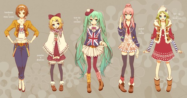 Anime picture 2380x1250 with vocaloid hatsune miku megurine luka kagamine rin gumi meiko tagme (artist) long hair highres short hair blonde hair wide image twintails multiple girls pink hair green hair group hands on hips girl dress