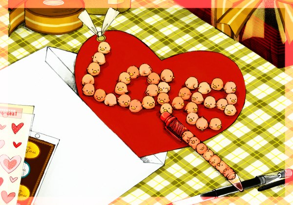 Anime picture 1600x1121 with takano (hiyocoara) no people valentine plaid ribbon (ribbons) animal heart bird (birds) gift pen box pencil envelope cardboard box postcard