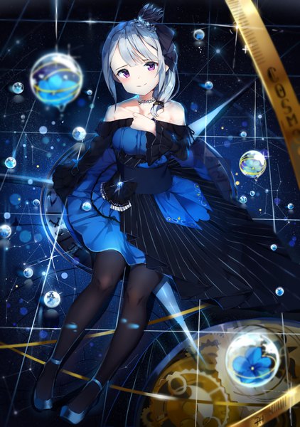 Anime picture 2212x3144 with original porch5681 single tall image looking at viewer blush fringe highres short hair smile sitting purple eyes bare shoulders silver hair full body off shoulder sparkle hand on chest girl dress
