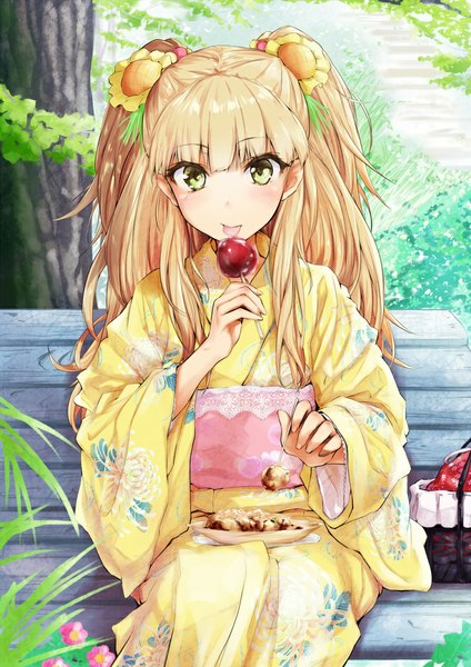Anime picture 752x1063 with idolmaster cinderella girls jougasaki rika kiriyama single long hair tall image looking at viewer blonde hair green eyes traditional clothes japanese clothes hair flower two side up girl hair ornament flower (flowers) plant (plants) tree (trees) food obi