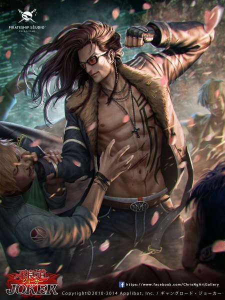 Anime picture 900x1200 with joker ~gang road~ chrisnfy85 long hair tall image short hair blonde hair brown hair signed nipples braid (braids) open clothes open jacket tattoo muscle boy gloves navel earrings petals glasses
