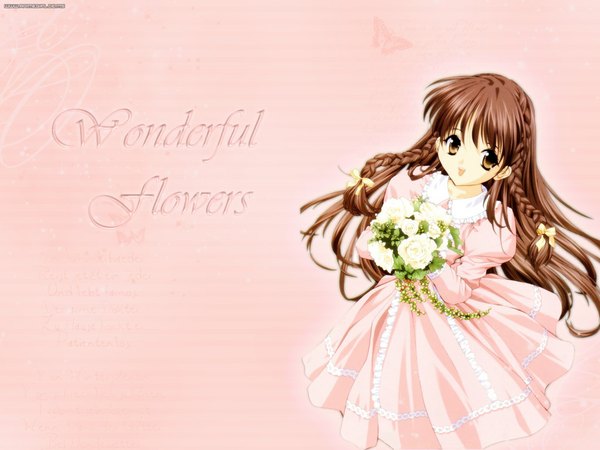 Anime picture 1024x768 with sister princess zexcs karen (sister princess) tenhiro naoto single long hair looking at viewer open mouth simple background smile brown hair holding brown eyes yellow eyes braid (braids) inscription twin braids text pink background girl