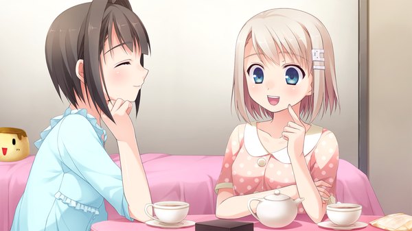 Anime picture 1920x1080 with imouto no katachi chimari mima blush highres short hair blue eyes black hair blonde hair wide image multiple girls game cg eyes closed girl hair ornament 2 girls hairclip cup pajamas