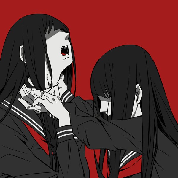 Anime picture 1024x1024 with original hiakko long hair open mouth black hair multiple girls teeth red background screaming girl uniform 2 girls school uniform serafuku