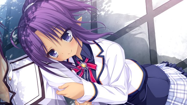 Anime picture 1920x1080 with world election whirlpool (studio) mushua collecut long hair blush highres blue eyes smile wide image game cg purple hair ponytail pointy ears couple girl boy