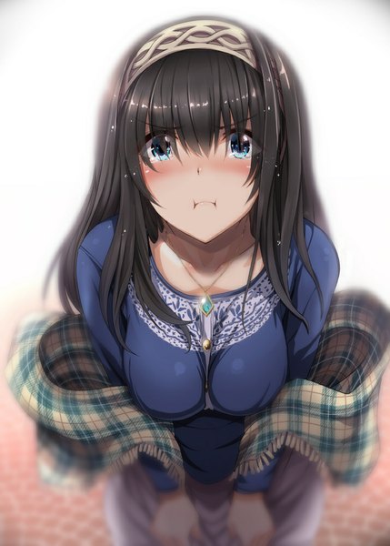 Anime picture 715x1000 with idolmaster idolmaster cinderella girls sagisawa fumika nohito single long hair tall image looking at viewer blush fringe breasts blue eyes black hair standing from above leaning leaning forward plaid >:( girl