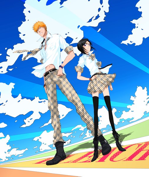 Anime picture 1700x2015 with bleach studio pierrot kurosaki ichigo kuchiki rukia hiroto touya tall image looking at viewer short hair black hair standing looking away sky cloud (clouds) wind black eyes orange hair orange eyes girl thighhighs boy