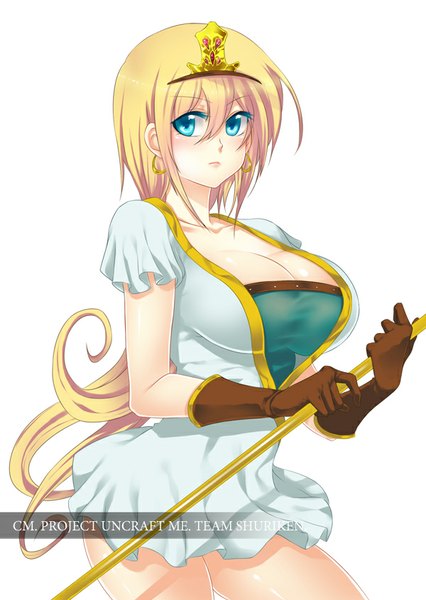 Anime picture 600x845 with uncraft me! (game) artemis (uncraft me!) fuya (tempupupu) single long hair tall image blush fringe breasts blue eyes light erotic simple background blonde hair large breasts white background looking away girl dress gloves earrings