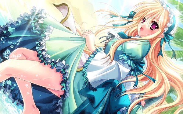 Anime picture 1024x640 with sora wo aogite kumo takaku mint (sora wo aogite kumo takaku) long hair blonde hair wide image purple eyes game cg girl dress