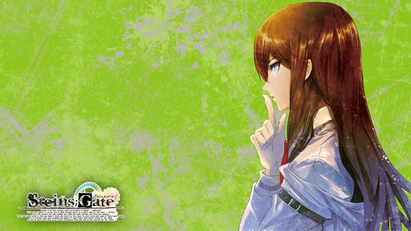 Anime picture 1920x1080 with steins;gate white fox makise kurisu single long hair highres brown hair wide image purple eyes looking back finger to mouth green background girl