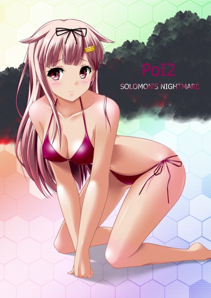 Anime picture 1157x1637 with kantai collection yuudachi destroyer kaze makase single long hair tall image blush breasts light erotic blonde hair large breasts bare shoulders cleavage blunt bangs pink eyes inscription bare legs beach kneeling text