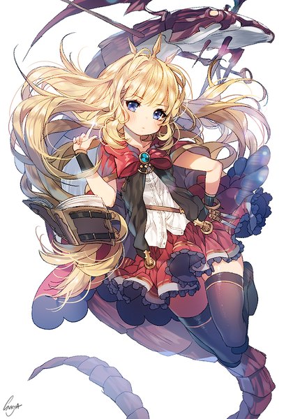 Anime picture 700x1000 with granblue fantasy cagliostro (granblue fantasy) sorolp long hair tall image looking at viewer blush fringe blue eyes simple background blonde hair white background purple eyes signed bent knee (knees) head tilt zettai ryouiki hand on hip floating hair lens flare