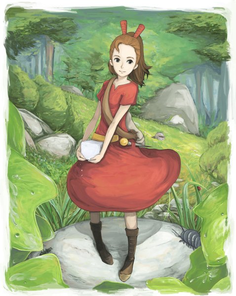 Anime picture 1106x1389 with the borrower arrietty studio ghibli arrietty ripu (vincecarter) single tall image short hair smile brown hair girl dress plant (plants) insect cat grass stone (stones) sugar