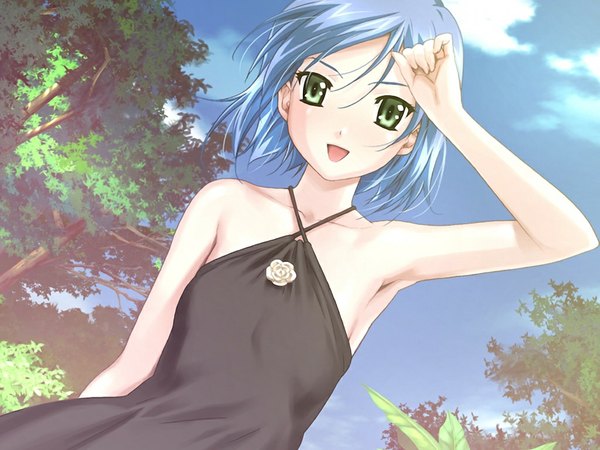 Anime picture 1024x768 with resort boin koromogae maya short hair green eyes blue hair game cg girl