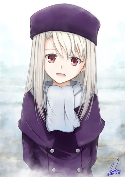 Anime picture 1000x1414 with fate (series) fate/stay night type-moon illyasviel von einzbern kem kem single long hair tall image looking at viewer open mouth red eyes signed white hair fur hat girl hat scarf coat cap