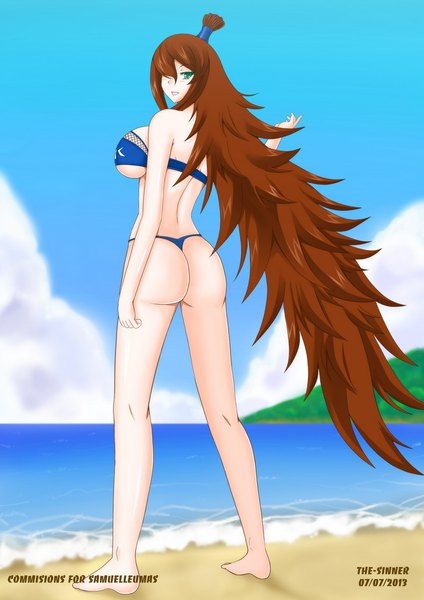 Anime picture 800x1131 with naruto studio pierrot naruto (series) mei terumi (mizukage) the-sinner single tall image blush fringe breasts light erotic brown hair large breasts green eyes ass very long hair looking back from behind hair over one eye girl