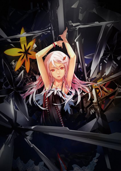 Anime picture 1280x1810 with guilty crown production i.g yuzuriha inori redjuice single long hair tall image open mouth red eyes multicolored hair arms up official art armpit (armpits) girl dress hair ornament flower (flowers)