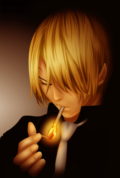 Anime picture 1024x1513 with one piece toei animation sanji tall image simple background blonde hair eyes closed smoking boy necktie fire cigarette matches