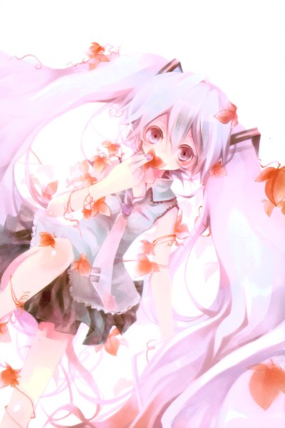 Anime picture 4040x6059 with vocaloid hatsune miku shimeko single long hair tall image highres simple background white background twintails brown eyes blue hair absurdres very long hair scan girl skirt flower (flowers) petals necktie