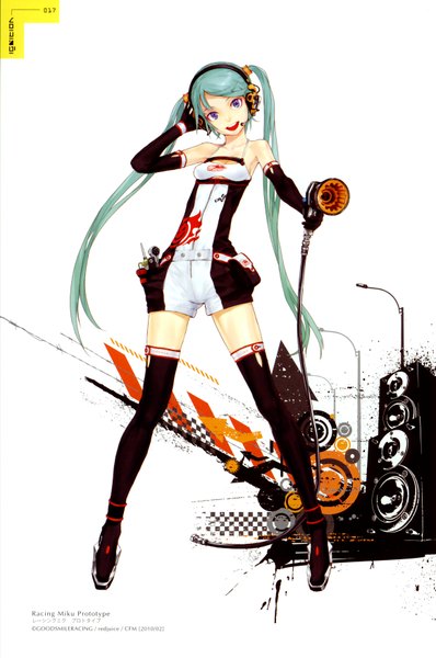 Anime picture 2322x3500 with vocaloid goodsmile racing hatsune miku racing miku racing miku (2010) redjuice single tall image highres smile purple eyes twintails absurdres very long hair aqua hair girl thighhighs gloves elbow gloves headphones