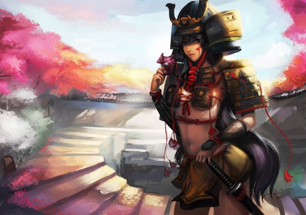 Anime picture 2832x2000 with original narongchai singhapand single long hair looking at viewer highres black hair standing holding brown eyes sky bare belly cherry blossoms navel uniform weapon plant (plants) sword tree (trees) armor