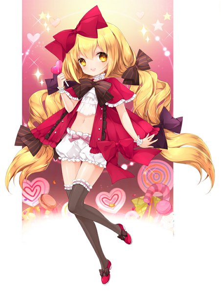 Anime picture 754x1000 with original juna single long hair tall image looking at viewer blonde hair twintails yellow eyes girl thighhighs dress bow black thighhighs hair bow lollipop