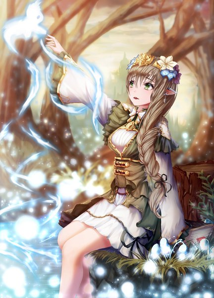 Anime picture 737x1024 with original h2o (dfo) single long hair tall image fringe hair between eyes brown hair sitting green eyes bent knee (knees) braid (braids) arm up hair flower pointy ears wide sleeves magic single braid looking up elf