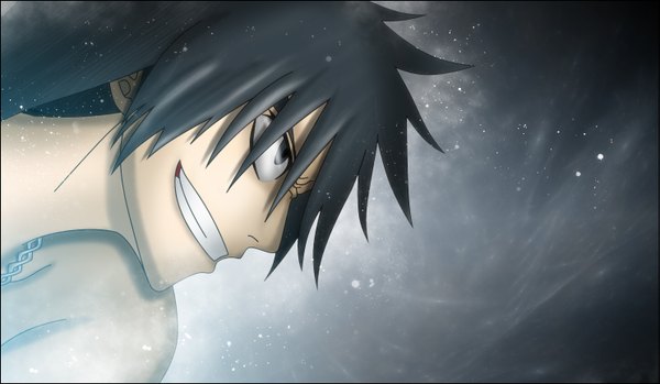 Anime picture 1485x864 with fairy tail gray fullbuster gray fullbuster (artist) single short hair black hair simple background smile wide image grey eyes grin coloring magic light boy