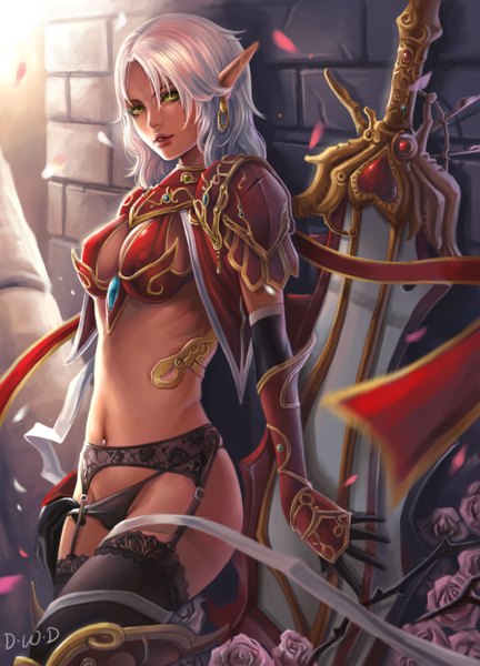 Anime picture 1800x2500 with world of warcraft warcraft blizzard entertainment dantewontdie single tall image highres light erotic green eyes signed absurdres silver hair realistic mole erect nipples mole under eye piercing dark skin covered nipples elf