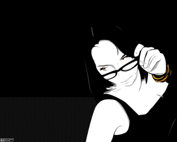 Anime picture 1280x1024 with original single long hair black hair green eyes black background vector minimalist girl glasses bracelet knives-banime