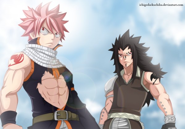 Anime picture 1069x748 with fairy tail natsu dragneel gajeel redfox ichigodarkuchiha long hair short hair black hair red eyes pink hair sky cloud (clouds) sunlight multiple boys tattoo sleeveless piercing coloring torn clothes scar muscle