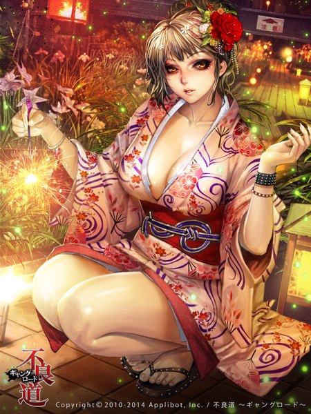 Anime picture 1200x1600 with furyou michi ~gang road~ xaxak single long hair tall image looking at viewer blush breasts light erotic brown hair large breasts brown eyes cleavage traditional clothes japanese clothes barefoot hair flower fingernails light smile squat