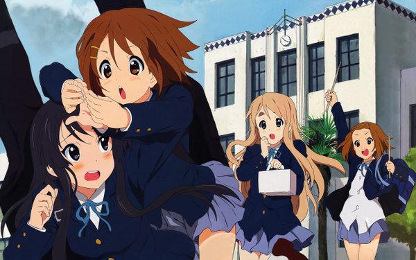 Anime picture 2560x1600 with k-on! kyoto animation akiyama mio hirasawa yui kotobuki tsumugi tainaka ritsu akitake seiichi long hair blush highres short hair open mouth blue eyes black hair blonde hair brown hair wide image multiple girls brown eyes outdoors