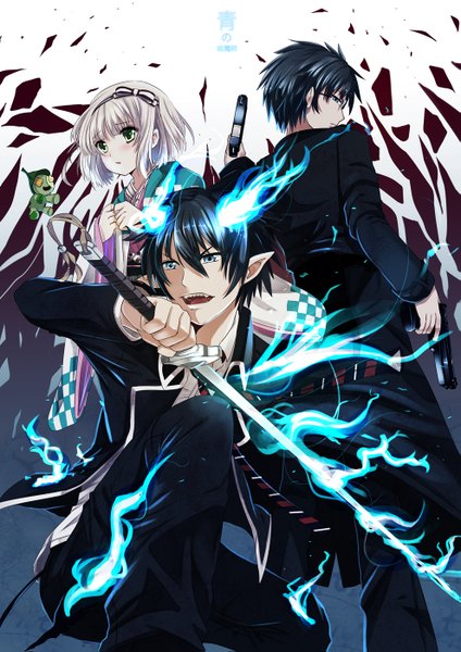 Anime picture 989x1399 with ao no exorcist a-1 pictures okumura rin okumura yukio moriyama shiemi nii (ao no exorcist) xephonia tall image blush short hair open mouth blue eyes black hair smile green eyes traditional clothes japanese clothes profile pointy ears grey hair