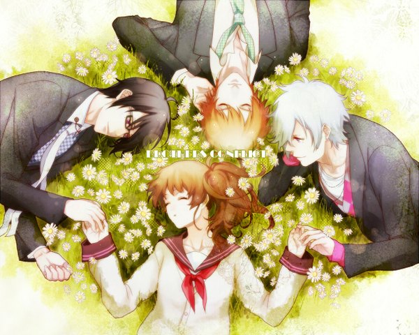 Anime picture 1220x976 with brothers conflict idea factory asahina tsubaki asahina azusa asahina natsume ema (brothers conflict) tagme (artist) long hair fringe short hair black hair purple eyes white hair lying eyes closed light smile from above orange hair open clothes mole