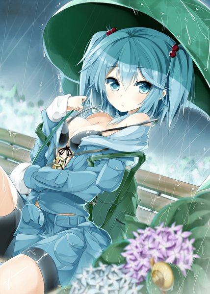 Anime picture 700x980 with touhou kawashiro nitori kazu kakao single long hair tall image light erotic bare shoulders sky cloud (clouds) aqua eyes aqua hair two side up rain bra pull girl skirt flower (flowers) jacket lingerie