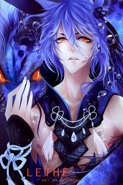 Anime picture 1100x1645 with original aritsune long hair tall image fringe hair between eyes animal ears blue hair parted lips orange eyes glowing glowing eye (eyes) underwater fantasy boy bubble (bubbles) dragon