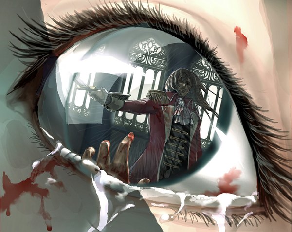 Anime picture 1024x815 with original minoo long hair tears reflection eyes victorian boy weapon sword window blood coat hands