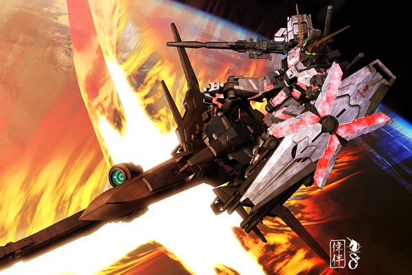 Anime picture 1800x1200 with mobile suit gundam gundam unicorn sunrise (studio) unicorn gundam sandrum highres sky space beam rifle weapon gun mecha aircraft shield airplane earth orbit delta plus