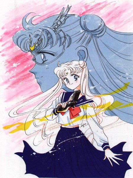 Anime picture 768x1024 with bishoujo senshi sailor moon toei animation tsukino usagi sailor moon princess serenity tagme (artist) single tall image blush blue eyes blonde hair twintails very long hair light smile crescent girl skirt bow weapon earrings