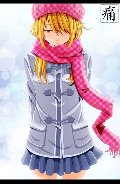 Anime-Bild 1500x2300 mit fairy tail lucy heartfilia dhako889 single long hair tall image blush fringe blonde hair smile white background yellow eyes pleated skirt hair over one eye embarrassed coloring hands behind back girl skirt scarf