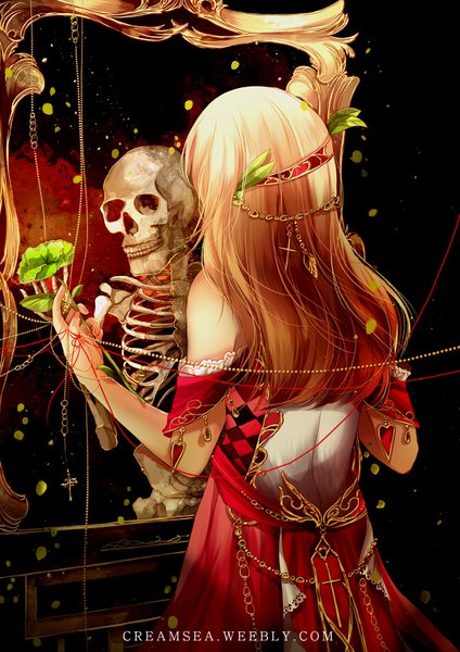 Anime picture 724x1024 with original creamsea single long hair tall image blonde hair reflection dark background skeleton different reflection girl dress hair ornament flower (flowers) skull mirror