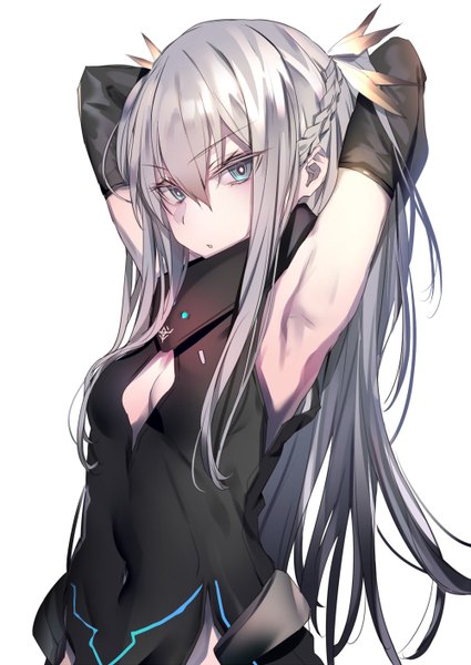 Anime picture 1000x1412 with original soukou makura single long hair tall image looking at viewer blush fringe breasts blue eyes light erotic simple background hair between eyes white background silver hair braid (braids) parted lips arms up armpit (armpits) single braid