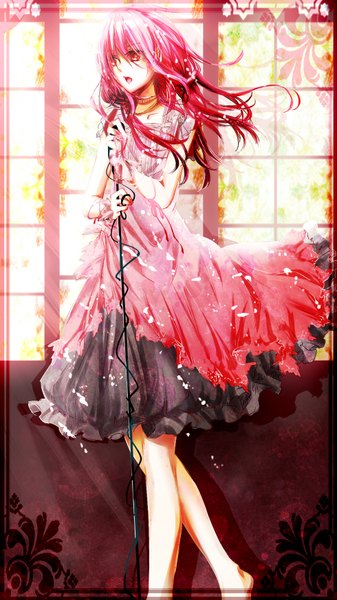 Anime picture 980x1746 with guilty crown production i.g yuzuriha inori ririnko single long hair tall image open mouth red eyes looking away pink hair barefoot sunlight bare legs short sleeves abstract girl dress gloves choker