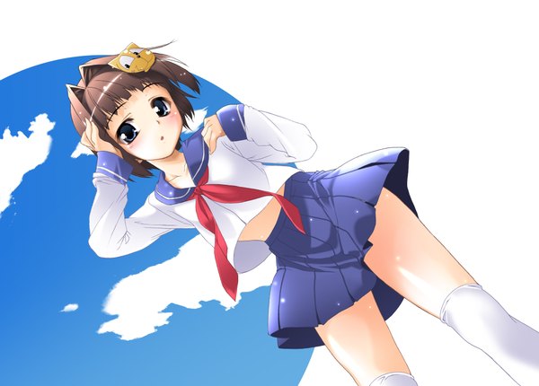 Anime picture 2028x1454 with tagme (artist) single looking at viewer blush highres short hair open mouth cloud (clouds) pleated skirt from below loli vector soft beauty girl thighhighs uniform hair ornament white thighhighs serafuku