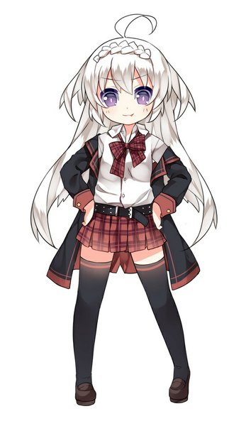 Anime picture 590x1000 with original pixiv fantasia pixiv fantasia fallen kings rulu saru (longbb) single long hair tall image looking at viewer blush simple background white background purple eyes ahoge white hair loli fang (fangs) plaid skirt hands on hips girl