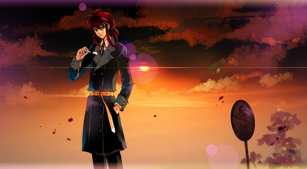 Anime picture 2008x1108 with yu yu hakusho kurama hasaki (pixiv) single long hair highres wide image green eyes sky cloud (clouds) red hair night sky evening sunset hand in pocket boy glasses necktie belt leaf (leaves)