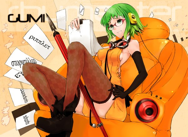 Anime picture 1300x947 with vocaloid gumi mille (dieci) short hair light erotic green hair zettai ryouiki bespectacled reading girl thighhighs gloves glasses elbow gloves boots headphones sunglasses goggles paper armchair