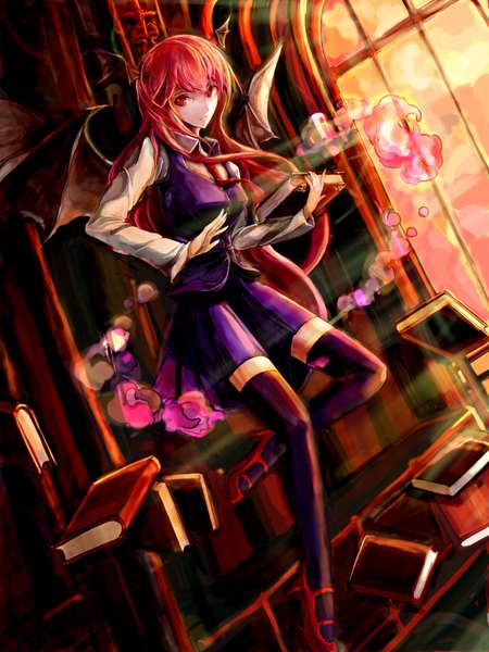 Anime picture 2400x3200 with touhou koakuma poyan noken single long hair tall image looking at viewer highres red eyes red hair black wings head wings girl thighhighs skirt black thighhighs wings window book (books) skirt set