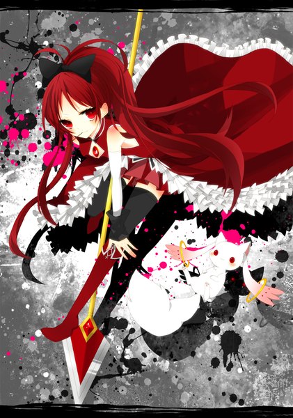 Anime picture 1344x1916 with mahou shoujo madoka magica shaft (studio) sakura kyouko long hair tall image red eyes red hair mouth hold girl thighhighs bow weapon black thighhighs hair bow boots sweets spear pocky